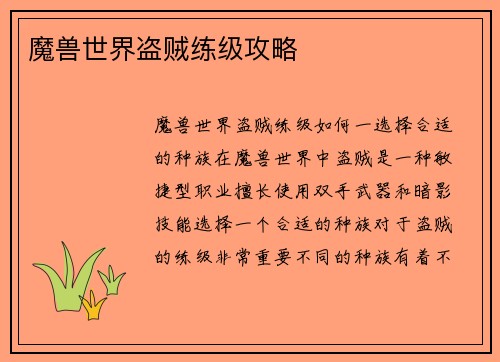 魔兽世界盗贼练级攻略